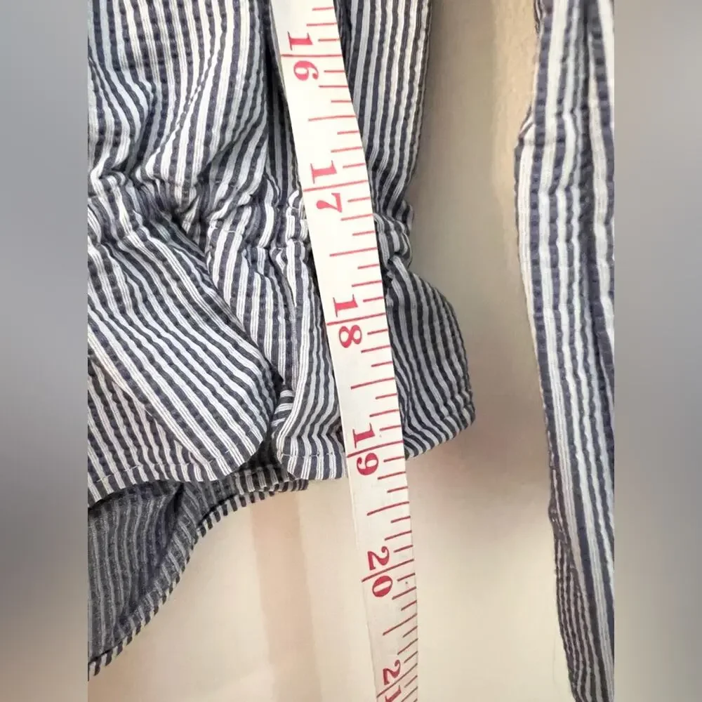 Theory Odettah Off Shoulder Seersucker blue and white striped blouse top fall